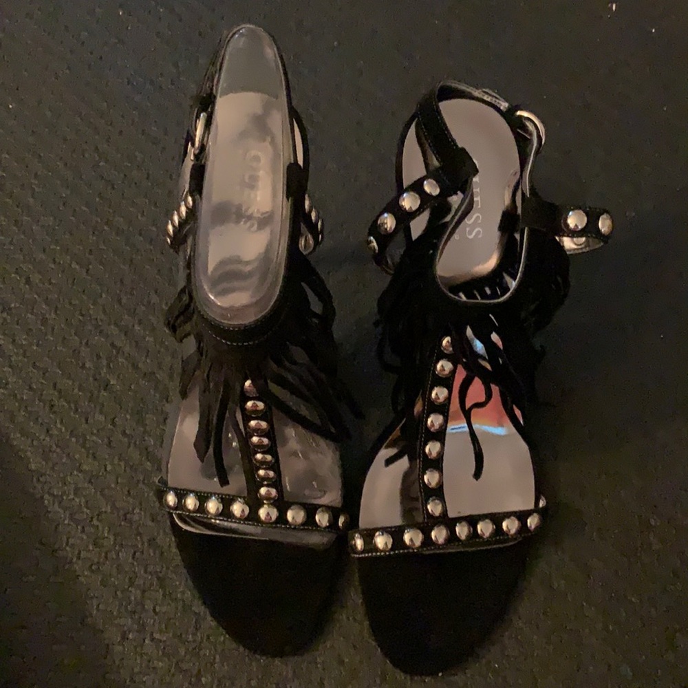 4 inch suede and studded open toe sandal heel.